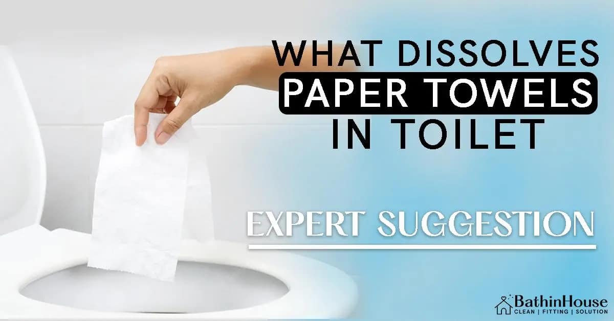 a person try to put in toilet towel in the toilet bowl and behind written " what dissolves paper towels in toilet - expert suggestion" and logo "bathinhouse"