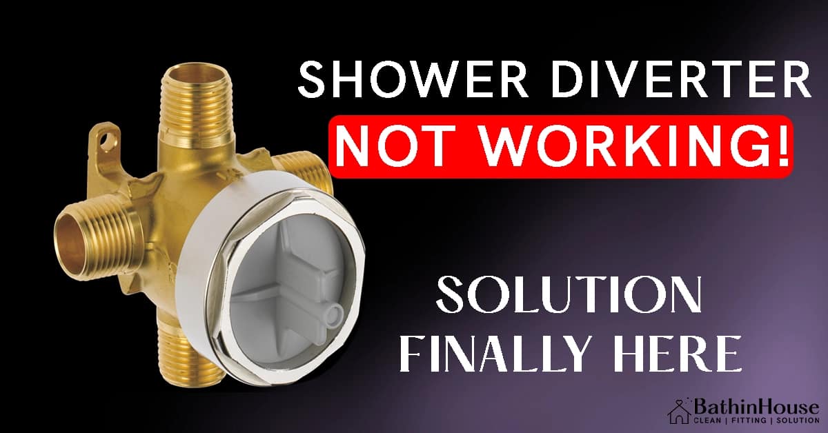 Golden finish Three Valve Shower Diverter and writen beside "Is Your Shower Diverter Not Working? Its Solution Finally Here" with logo "bathinhouse.com