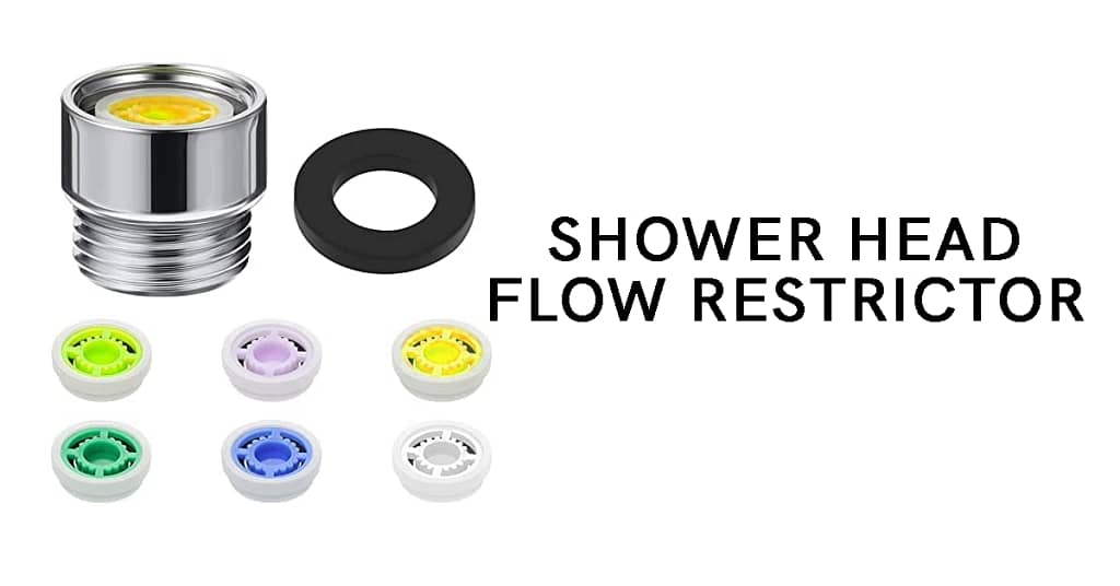 Yellow Color Shower head flow restrictor and another six color flow restrictor and written "shower head flow restrictor"