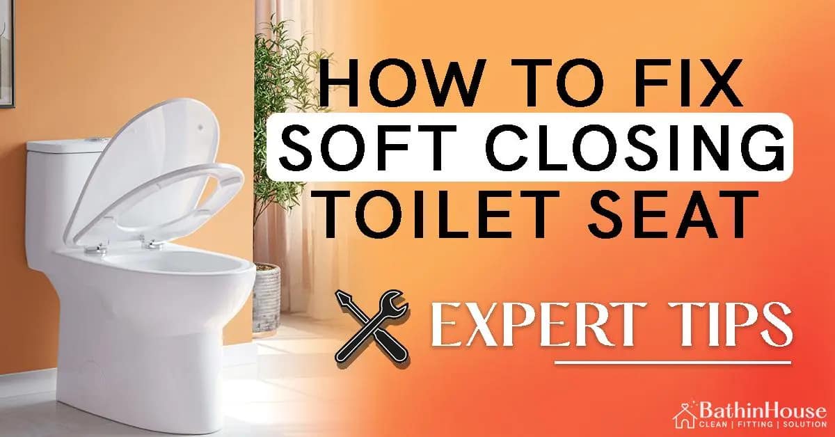 White Toilet With Soft Toilet Seat and Written over "How to fix Soft Closing toilet Seat expert tips " and logo "bathinhouse"