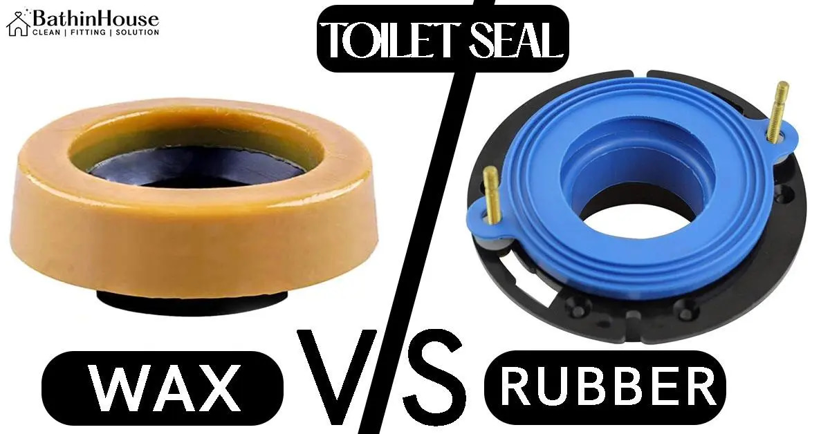 Wax type toilet seal and rubber toilet seal and written over "toilet seal" and written "wax" vs "rubber" logo "bathinhouse"