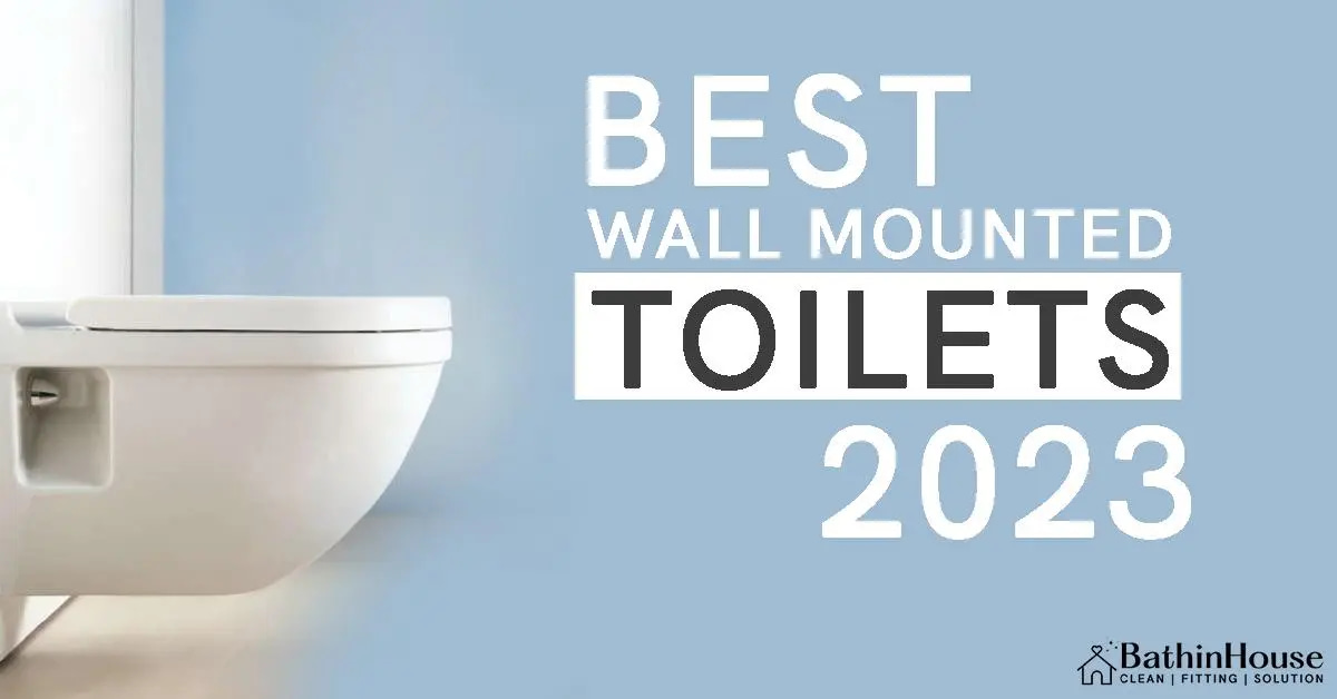 white Wall Mounted Toilet and written on " Best wall mounted toilets 2023" and logo of "bathinhouse"