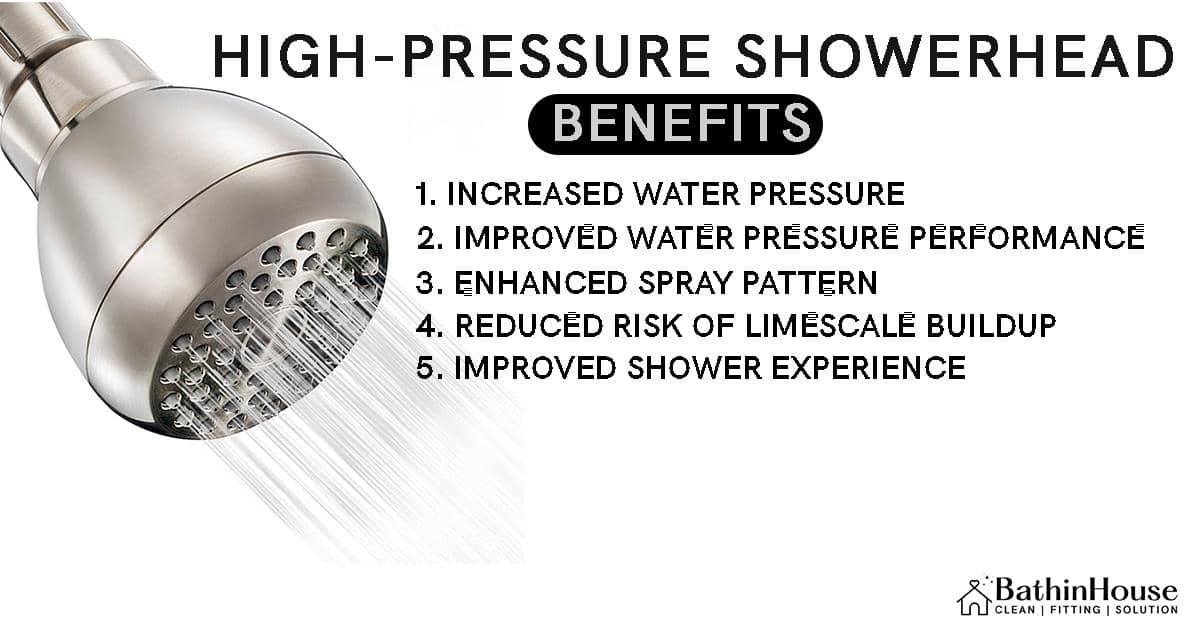 Bronze color high pressure shower head and written behind "Benefits of a high-pressure showerhead"